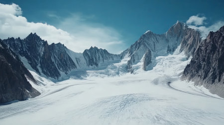 Breathtaking landscape featuring a massive glacier flowing down from towering snow capped peaks, creating a stunning scene of icy wilderness under a vibrant blue sky with scattered cloudsの素材