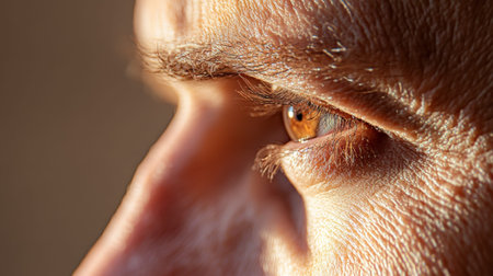 Close up of a mans brown eye, highlighting the details of the iris, eyelashes, eyebrow, and surrounding wrinkled skin, creating a captivating image focused on vision, aging, and cosmetologyの素材