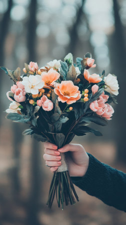 Hand holding bouquet of orange, white, and pink flowers with green leaves and stems wrapped in twine in a forest setting, celebrating natures beautyの素材