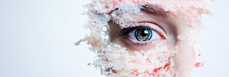 Close up of a womans face undergoing a peeling cosmetic treatment, revealing healthy skin and a bright blue eye, highlighting the concept of beauty and skincareの素材