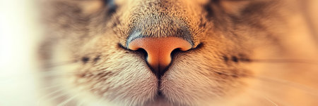 Macro photography of a cats nose highlighting its delicate features and emphasizing the importance of smell and breathing in feline life, useful for veterinary or animal care contextsの素材