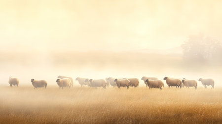 Sheep grazing peacefully in a misty field, bathed in the warm golden light of sunrise, create a serene and idyllic pastoral scene, evoking tranquility in the rural landscapeの素材