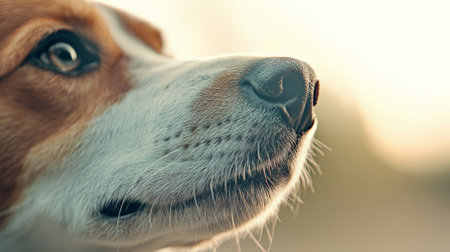 Close up of a mixed breed dog with attentive eyes and wet nose, enjoying a moment outdoors during a beautiful sunset, showcasing the beauty and curiosity of canine companionsの素材