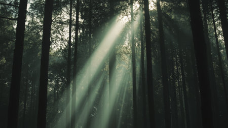 Sunbeams filtering through a misty forest canopy create a magical, ethereal atmosphere, illuminating the tranquil woods in the soft glow of early morning lightの素材