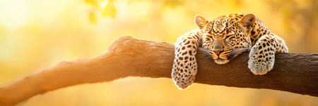 Beautiful leopard is sleeping peacefully on a tree branch, bathed in the warm golden light of the setting sun, creating a serene and captivating scene in its natural habitatの素材