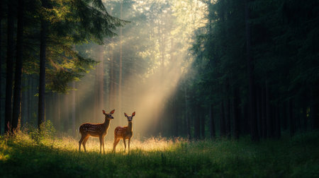 Two young deer are standing in a clearing in a misty forest, illuminated by beams of sunlight filtering through the trees, creating a peaceful and magical atmosphereの素材