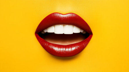 Perfect smile with white teeth is being shown by a woman wearing red lipstick on a vibrant yellow background, creating a striking contrast and emphasizing beauty and cosmeticsの素材