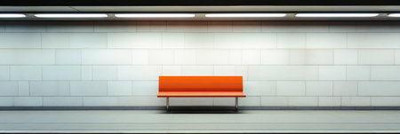Empty orange bench sits against a brightly lit white tiled wall in a modern, clean underground subway station, creating a stark contrast and suggesting a sense of waiting or solitudeの素材