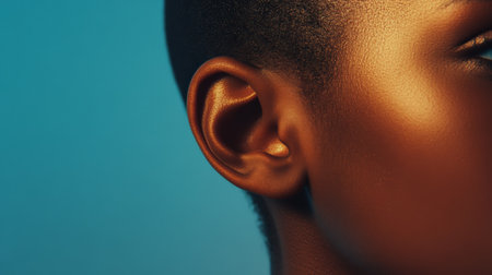 Warm light illuminating the side of a face, accentuating the delicate ear structure against a vibrant turquoise backdrop, emphasizes the significance of auditory perceptionの素材