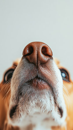Close up of a beagle dogs nose, highlighting its sniffing abilities and the intricate details of its wet, textured nose pad against a minimalist backgroundの素材