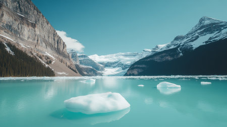 Icebergs are peacefully floating on the turquoise water of a lake surrounded by snow capped mountains and lush green forests, creating a breathtaking natural landscapeの素材
