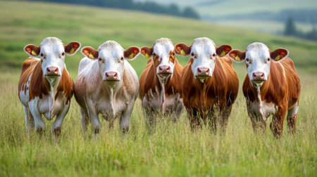 Six hereford cows are standing in a vibrant green pasture, their brown and white coats contrasting against the verdant landscape, creating a peaceful pastoral sceneの素材