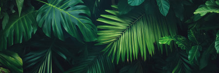 Large, vibrant green tropical leaves create a lush and textured natural background, evoking the beauty and tranquility of a tropical rainforest or jungleの素材