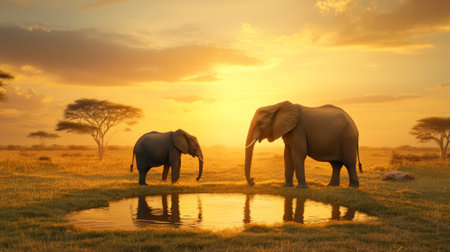 Two elephants, an adult and a calf, are drinking from a small pond in the african savanna at sunset, surrounded by acacia trees and bathed in the warm golden light of the setting sunの素材