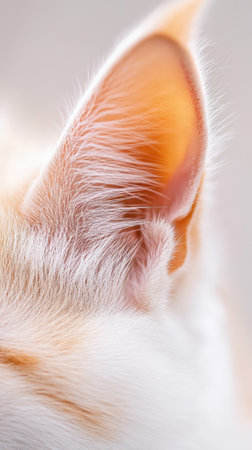 Macro photography of a white cats ear, highlighting the delicate pink interior and fine white hairs, suggesting themes of hearing, attention, and feline sensesの素材
