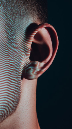 Sound waves are projected onto a mans ear and face, creating a visual representation of the process of hearing, symbolizing the connection between sound and perceptionの素材