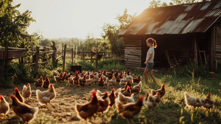At sunset, a young farmer girl walks beside the chicken coop, watching her free range hens as they roam and peck the ground, embodying the peaceful rural lifestyleの素材