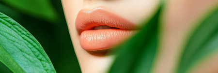 Plump, glossy lips in a soft peach hue partially hidden by vibrant green leaves create a harmonious blend of natural beauty and cosmetic enhancementの素材