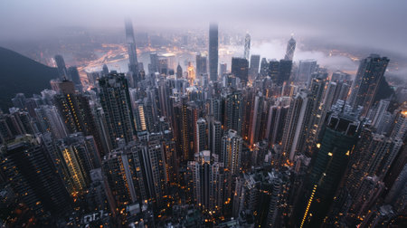 Fog enveloping part of the hong kong skyline at dusk, with illuminated skyscrapers and vibrant city lights creating a captivating and moody atmosphereの素材