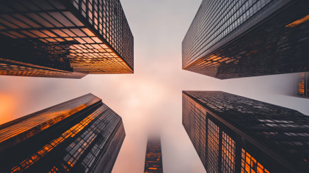 Majestic skyscrapers rising into a foggy sunset sky create a dramatic urban landscape, showcasing the dynamic architecture of a bustling metropolis filled with lifeの素材
