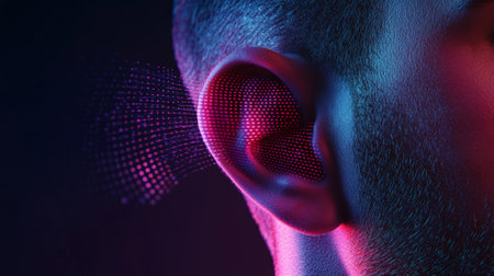 Digital sound waves, visualized as glowing particles, are entering a human ear, representing the process of hearing and auditory perception in a vibrant and technological styleの素材