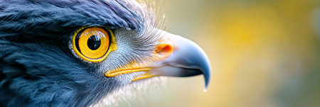 Close up profile of a hawk featuring intense yellow eyes, a sharp beak, and detailed blue feathers against a softly blurred yellow and green backgroundの素材
