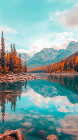 Vibrant orange and yellow trees frame a serene mountain lake, their colors mirrored perfectly in the clear turquoise water under a soft blue skyの素材