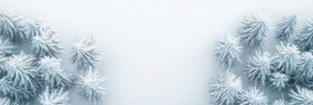 Aerial view of snow covered fir trees forming a picturesque border on a pristine white background, evoking a sense of tranquility and winter magic, perfect for holiday or nature themed projectsの素材