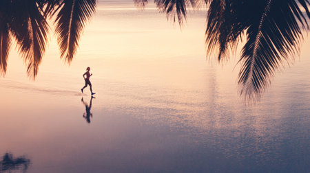 Sportswoman running along the beach at sunset, framed by swaying palm trees, with her reflection shimmering in the wet sand, embodying freedom and a healthy lifestyleの素材