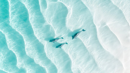 Three dolphins are swimming in amazing crystal clear turquoise water near a white sand beach creating a beautiful pattern on the seabed, seen from an aerial point of viewの素材