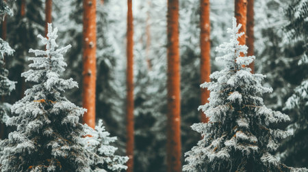 Majestic fir trees covered with snow and ice crystals create a breathtaking winter wonderland in a tranquil forest setting, showcasing the serene beauty of nature during the cold seasonの素材