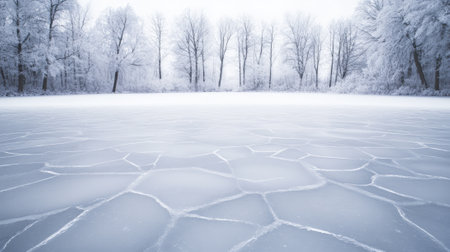 Beautiful winter landscape showing a frozen lake with cracked ice surface and snowy trees in the background, creating a serene and tranquil atmosphereの素材