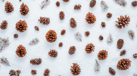 Festive winter background featuring pine cones and fir branches arranged on a snowy surface, creating a beautiful and natural holiday patternの素材