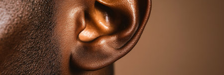 Macro photography of a mans ear highlighting the intricate details of the human auditory system, focusing on the concept of listening and sound perceptionの素材