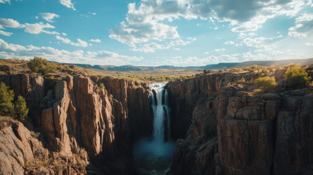 Stunning waterfall plunging into a deep gorge surrounded by rocky cliffs and sparse vegetation, under a bright blue sky dotted with white clouds, creating a picturesque natural landscapeの素材