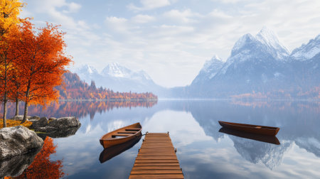 Two wooden boats floating on a tranquil lake, surrounded by vibrant autumn foliage and majestic snow capped mountains, create an idyllic natural sceneの素材