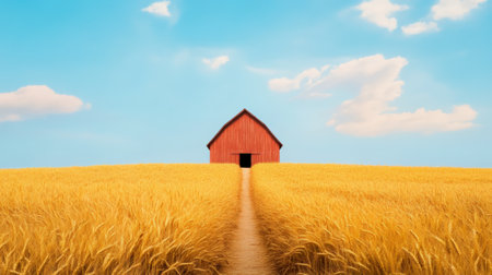 Dirt road leading to a red barn standing in the middle of a golden wheat field under a beautiful blue sky with white clouds, creating a peaceful rural landscapeの素材