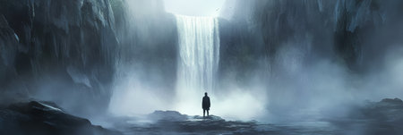Lone man stands on rocks at the base of a towering waterfall cascading down mossy cliffs, enveloped in mist and fog, creating a scene of awe inspiring natural beauty and powerの素材
