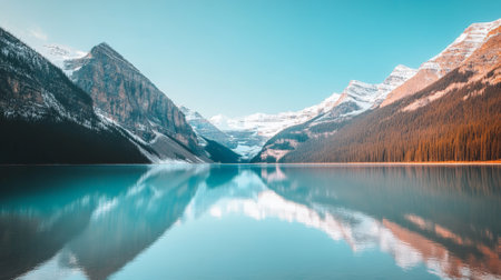 Stunning turquoise water of lake louise reflects surrounding snow capped mountains and evergreen forest at sunrise in banff national park, alberta, canada, creating picturesque tranquil sceneの素材