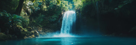 Majestic waterfall plunging into a crystal clear turquoise pond, surrounded by vibrant green foliage and lush tropical rainforest, creates an idyllic natural paradiseの素材