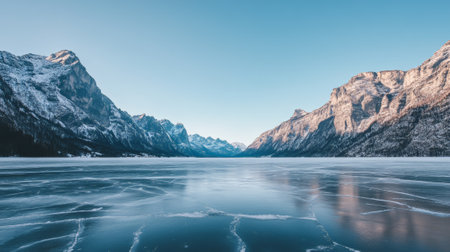 Frozen lake surface reflecting snowy mountains and clear blue sky during a tranquil sunrise, creating a serene and picturesque winter landscapeの素材