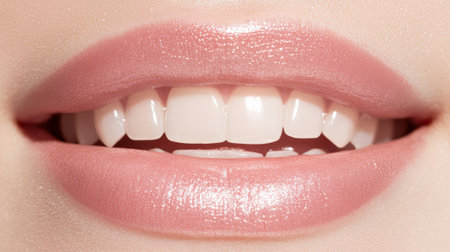 Close up of smiling female mouth showing healthy white teeth and pink lipstick with lipgloss, ideal for beauty, dentistry and cosmetology conceptsの素材
