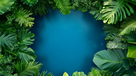 Lush tropical leaves creating a vibrant green border around a serene blue backdrop, offering a refreshing and natural frame enriched with ample copy space for creative useの素材