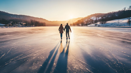 Young couple enjoying ice skating on a frozen lake at sunset, surrounded by snow covered hills and trees, creating a romantic and idyllic winter sceneの素材