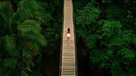 Aerial view of a female tourist walking on a wooden hanging bridge over a lush green rainforest, enjoying the tranquility and beauty of nature during her adventurous vacationの素材