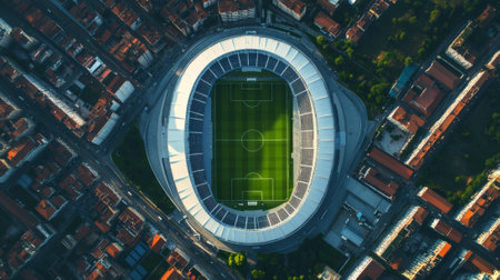 Aerial view of a soccer stadium nestled within a dense cityscape, showcasing the intersection of sport and urban life with surrounding buildings and streetsの素材