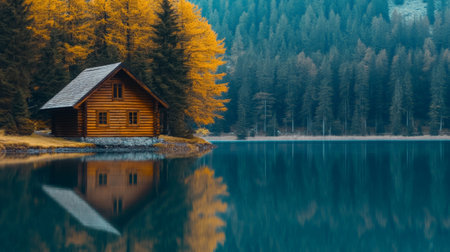 Charming wooden cabin nestled by a tranquil lake, reflecting serenely amidst the vibrant autumn foliage and evergreen forest, creating a picturesque scene of natures beauty and tranquilityの素材