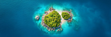 Aerial view capturing a heart shaped tropical island with lush greenery, rocky formations, and a small sandy beach, surrounded by vibrant turquoise watersの素材