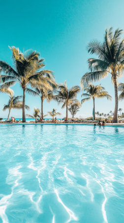 Palm trees bordering an infinity pool overlooking a white sand beach with tourists relaxing on a sunny summer day, creating a luxurious and idyllic tropical getaway sceneの素材
