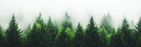 Low lying fog enveloping a lush evergreen forest creates a captivating and mysterious atmosphere in a panoramic nature scene, inviting a sense of tranquility and wonderの素材